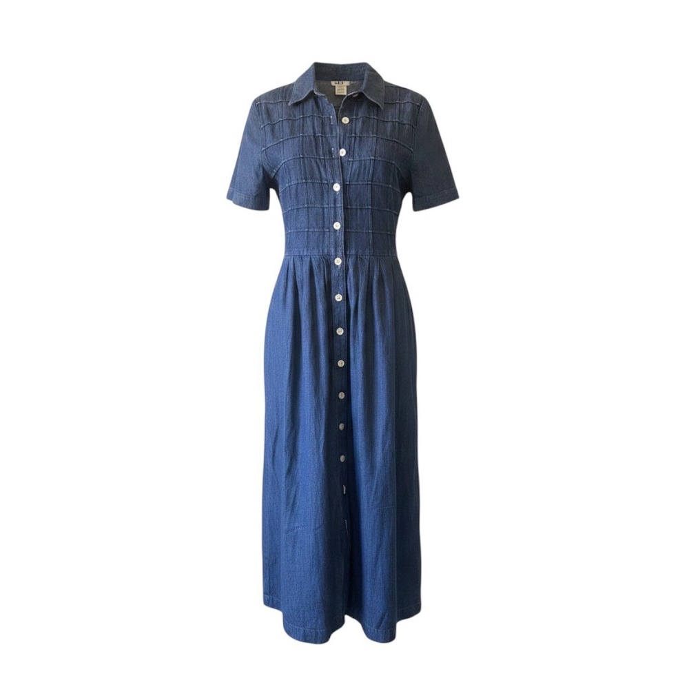 Vintage Womens Indigo Denim Smocked Button Down Midi Dress Blue Size 8